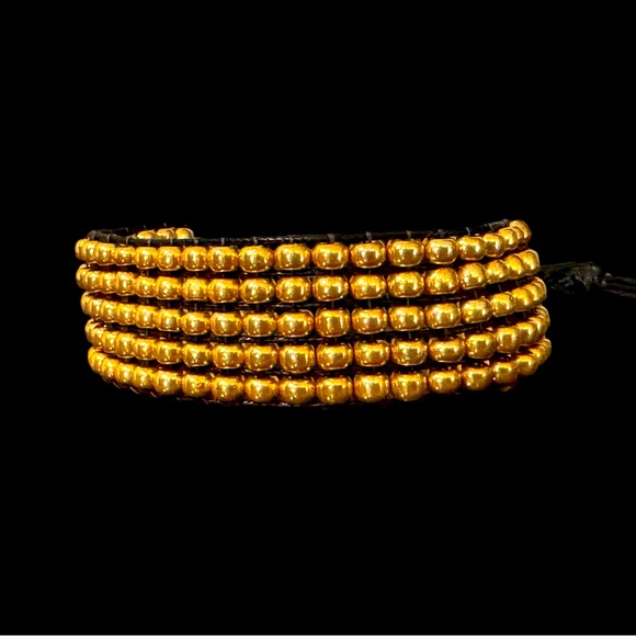 Handcrafted gold tone seed bead tie on loom bracelet cuff - festival - unisex - Picture 1 of 13